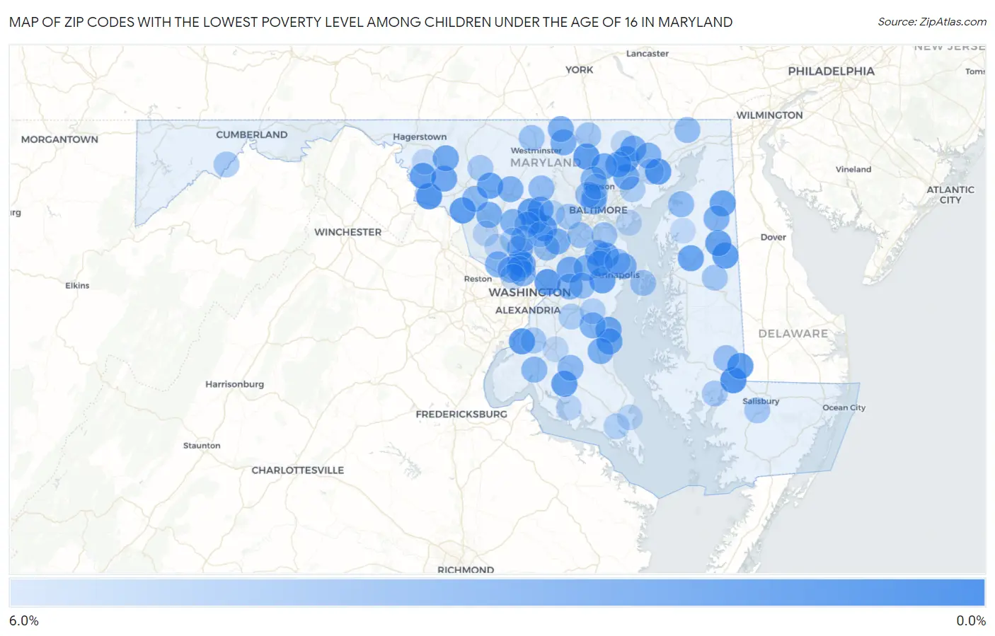 Zip Codes with the Lowest Poverty Level Among Children Under the Age of 16 in Maryland Map
