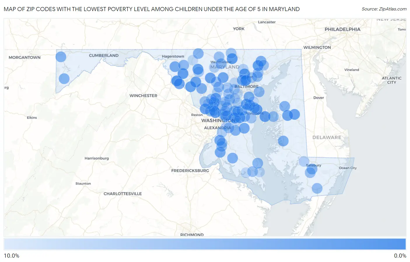 Zip Codes with the Lowest Poverty Level Among Children Under the Age of 5 in Maryland Map