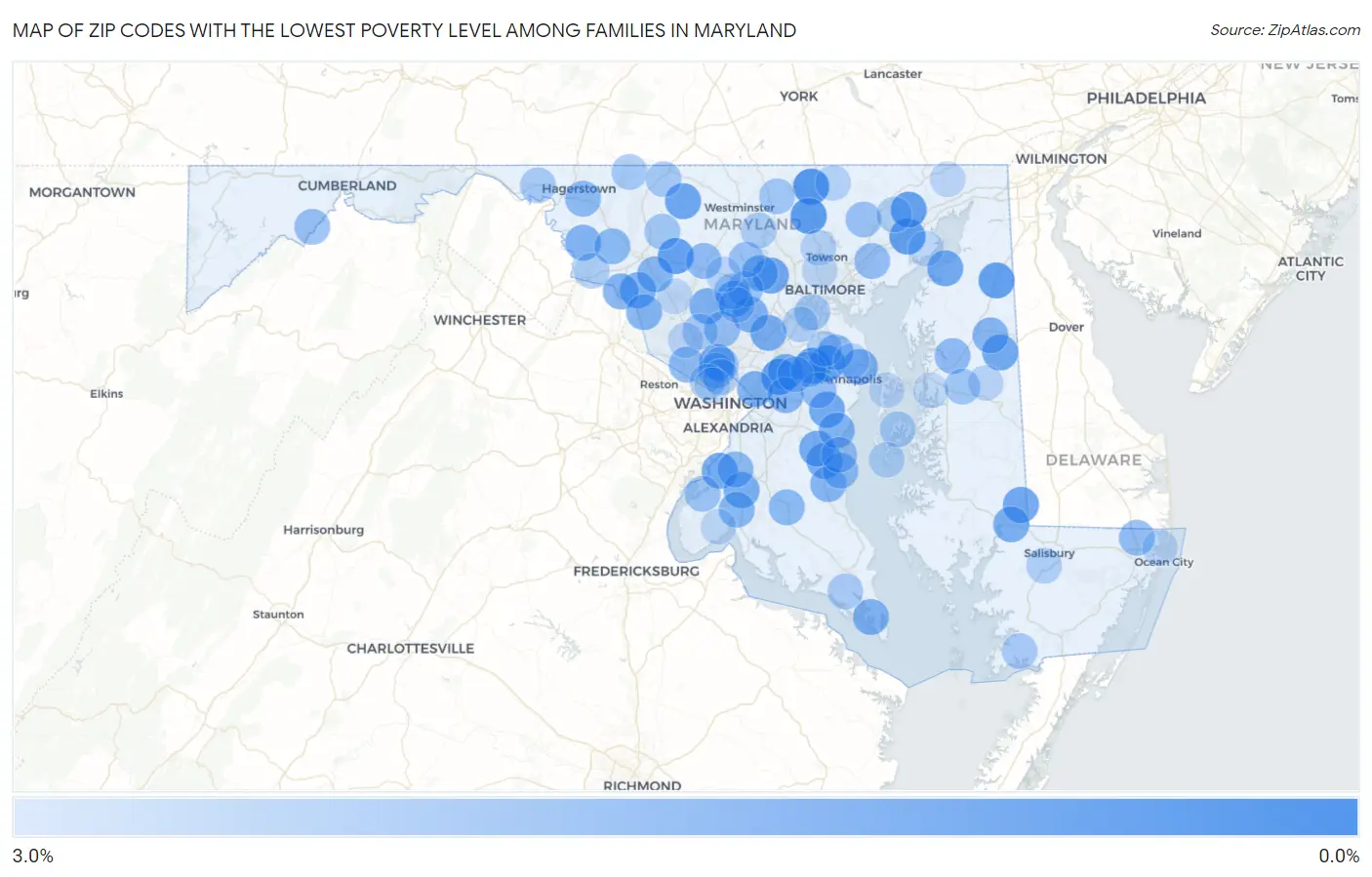 Zip Codes with the Lowest Poverty Level Among Families in Maryland Map