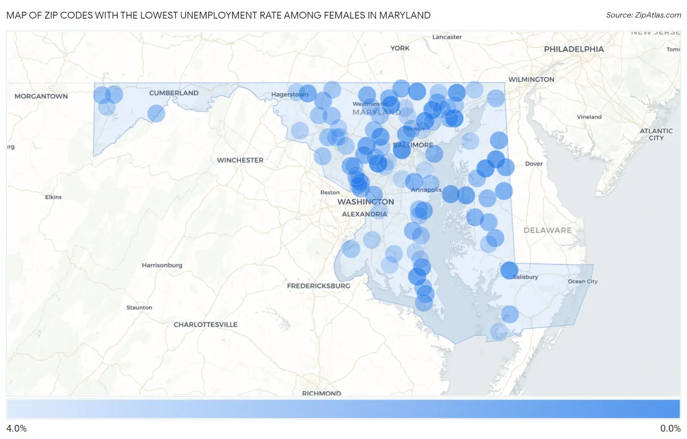 Zip Codes with the Lowest Unemployment Rate Among Females in Maryland Map
