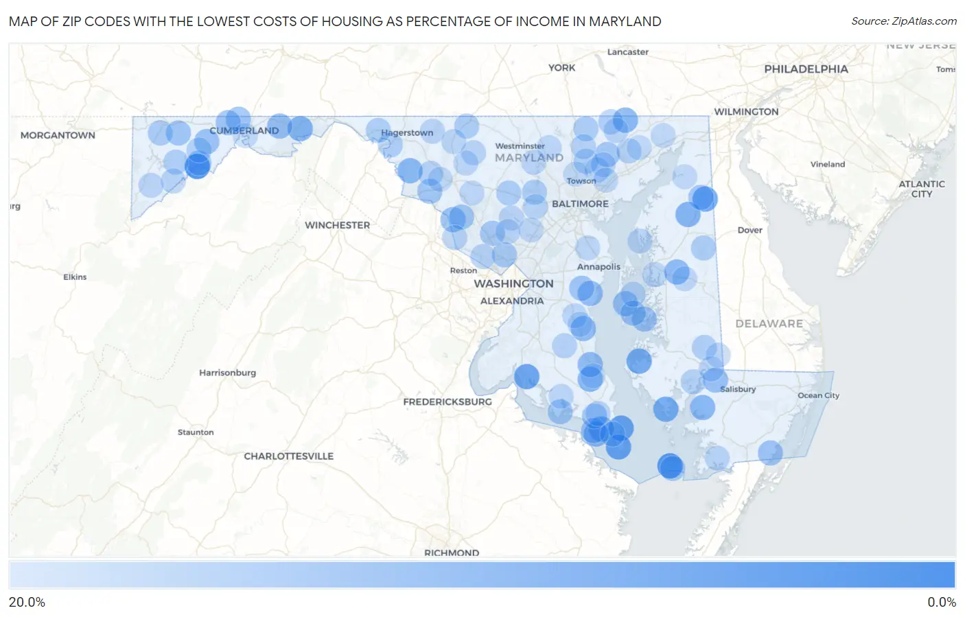 Zip Codes with the Lowest Costs of Housing as Percentage of Income in Maryland Map