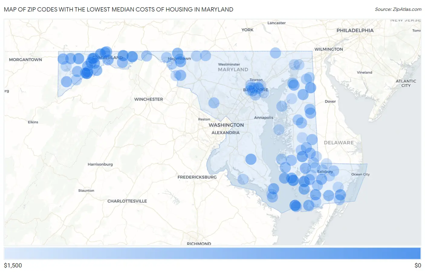 Zip Codes with the Lowest Median Costs of Housing in Maryland Map