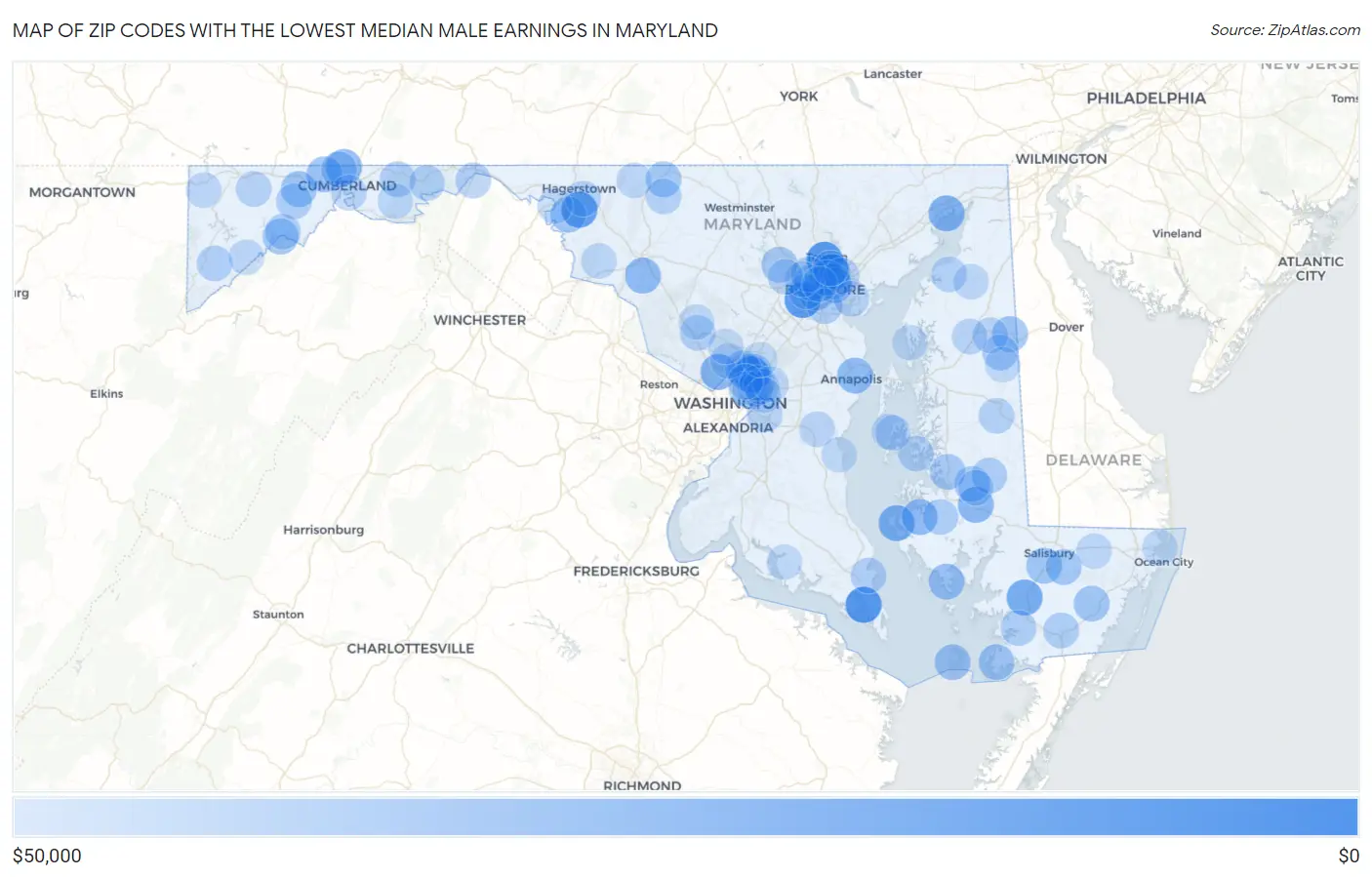 Zip Codes with the Lowest Median Male Earnings in Maryland Map