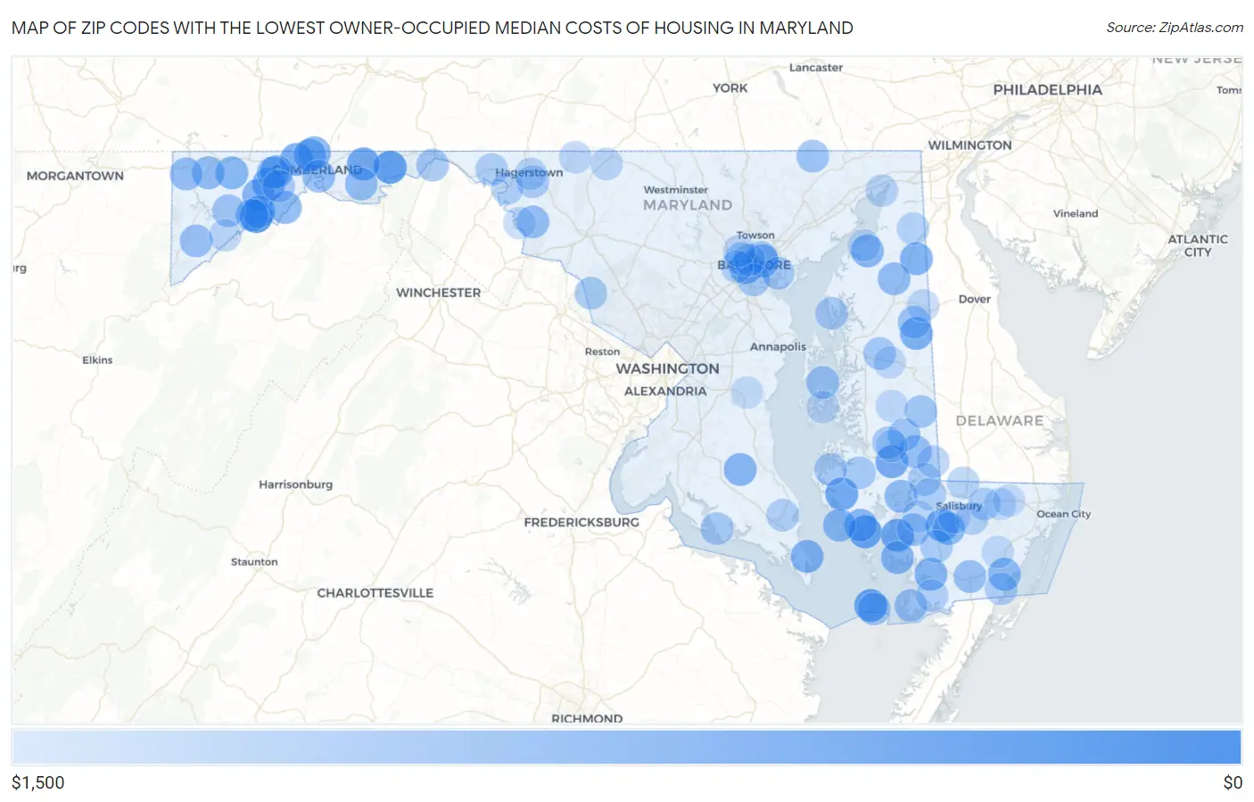 Zip Codes with the Lowest Owner-Occupied Median Costs of Housing in Maryland Map