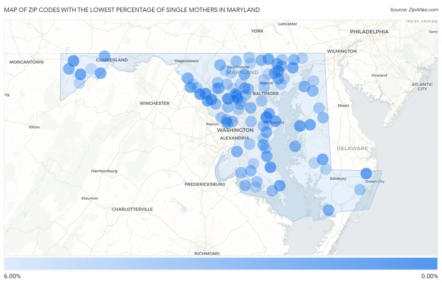 Zip Codes with the Lowest Percentage of Single Mothers in Maryland Map