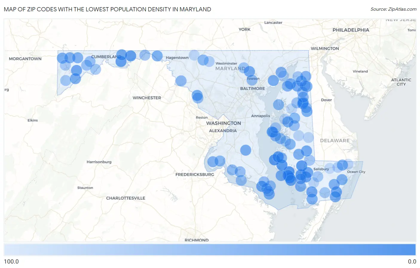 Zip Codes with the Lowest Population Density in Maryland Map