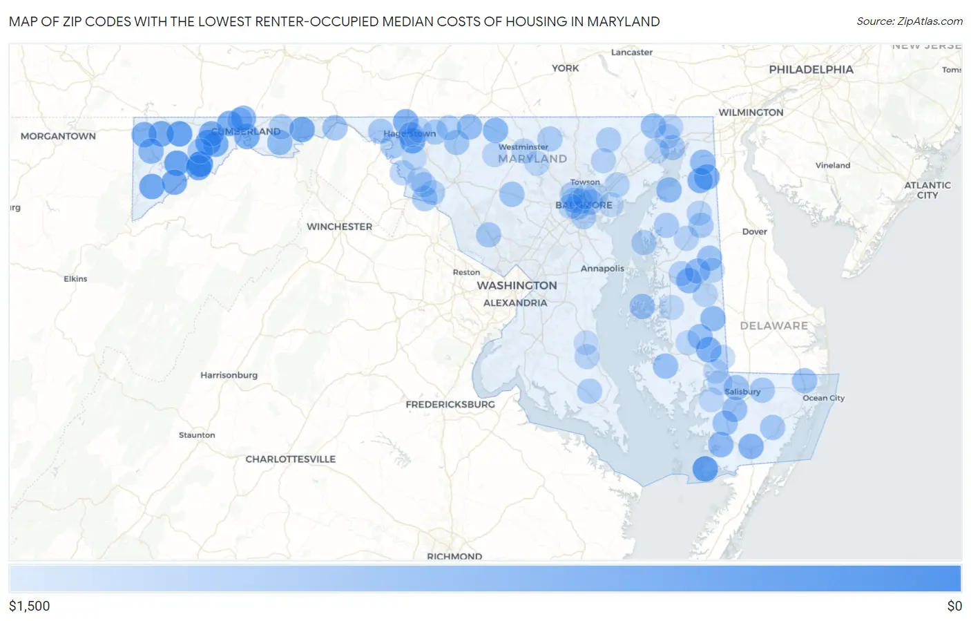 Zip Codes with the Lowest Renter-Occupied Median Costs of Housing in Maryland Map