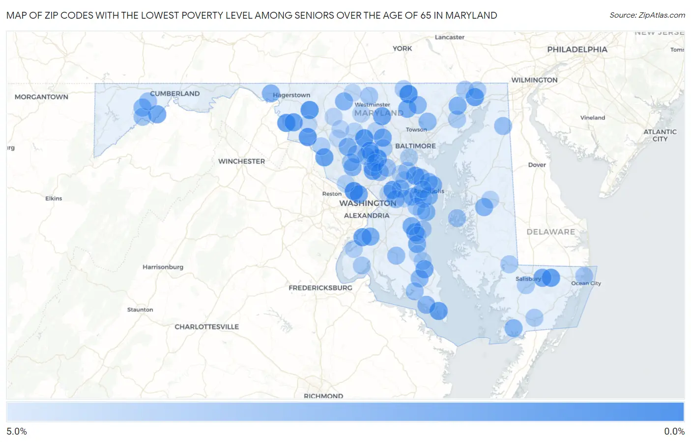 Zip Codes with the Lowest Poverty Level Among Seniors Over the Age of 65 in Maryland Map
