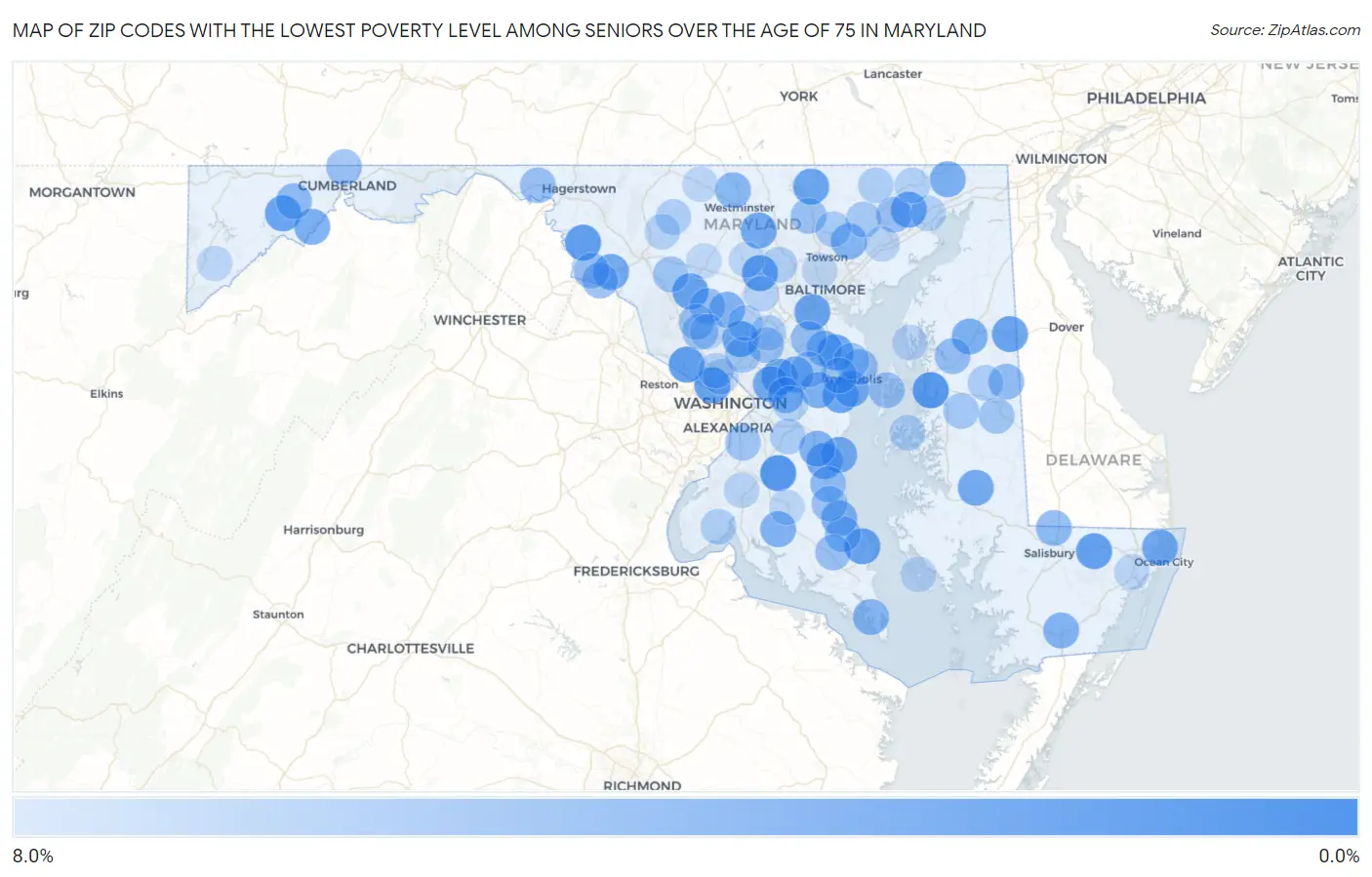 Zip Codes with the Lowest Poverty Level Among Seniors Over the Age of 75 in Maryland Map