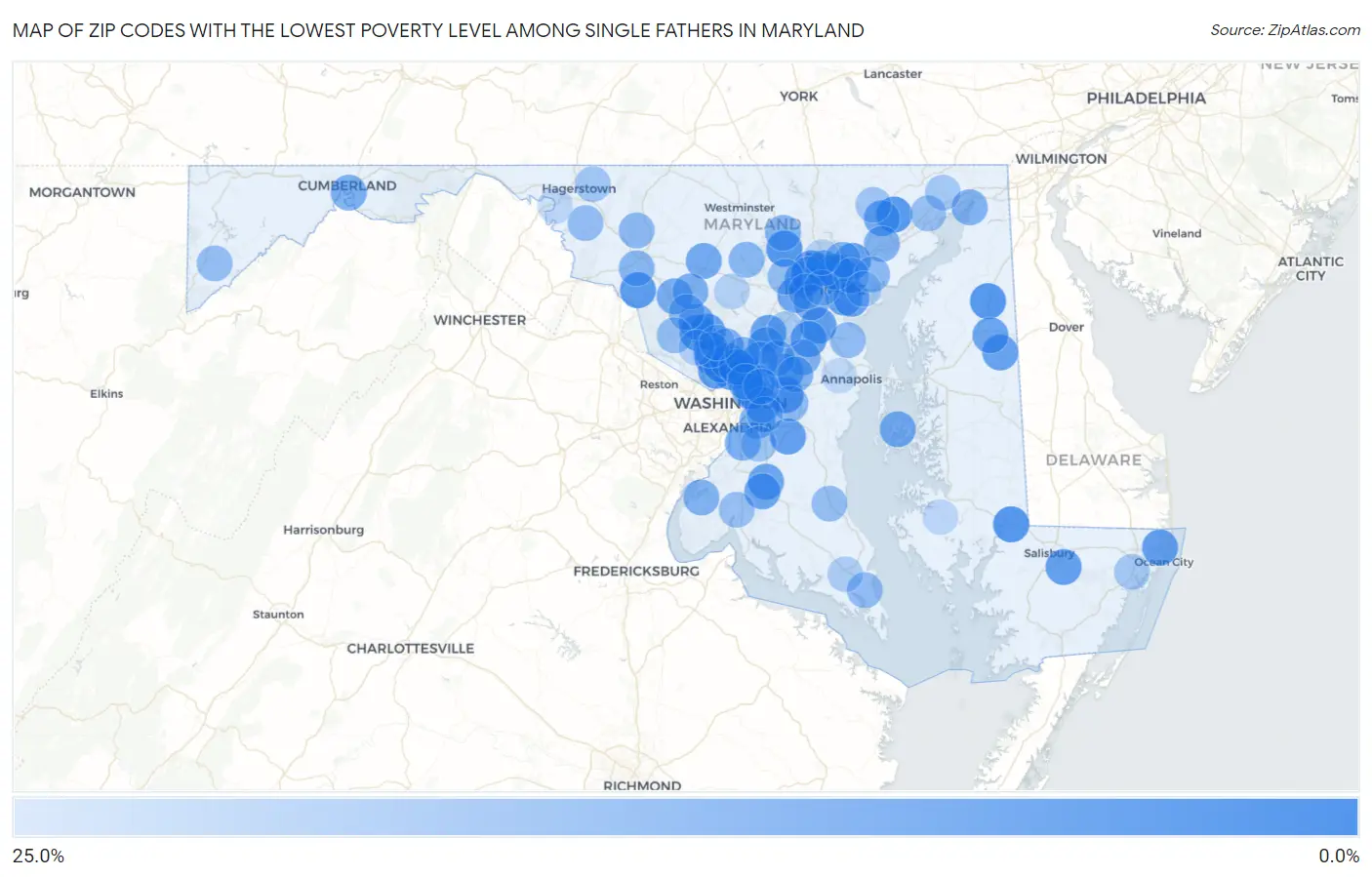 Zip Codes with the Lowest Poverty Level Among Single Fathers in Maryland Map