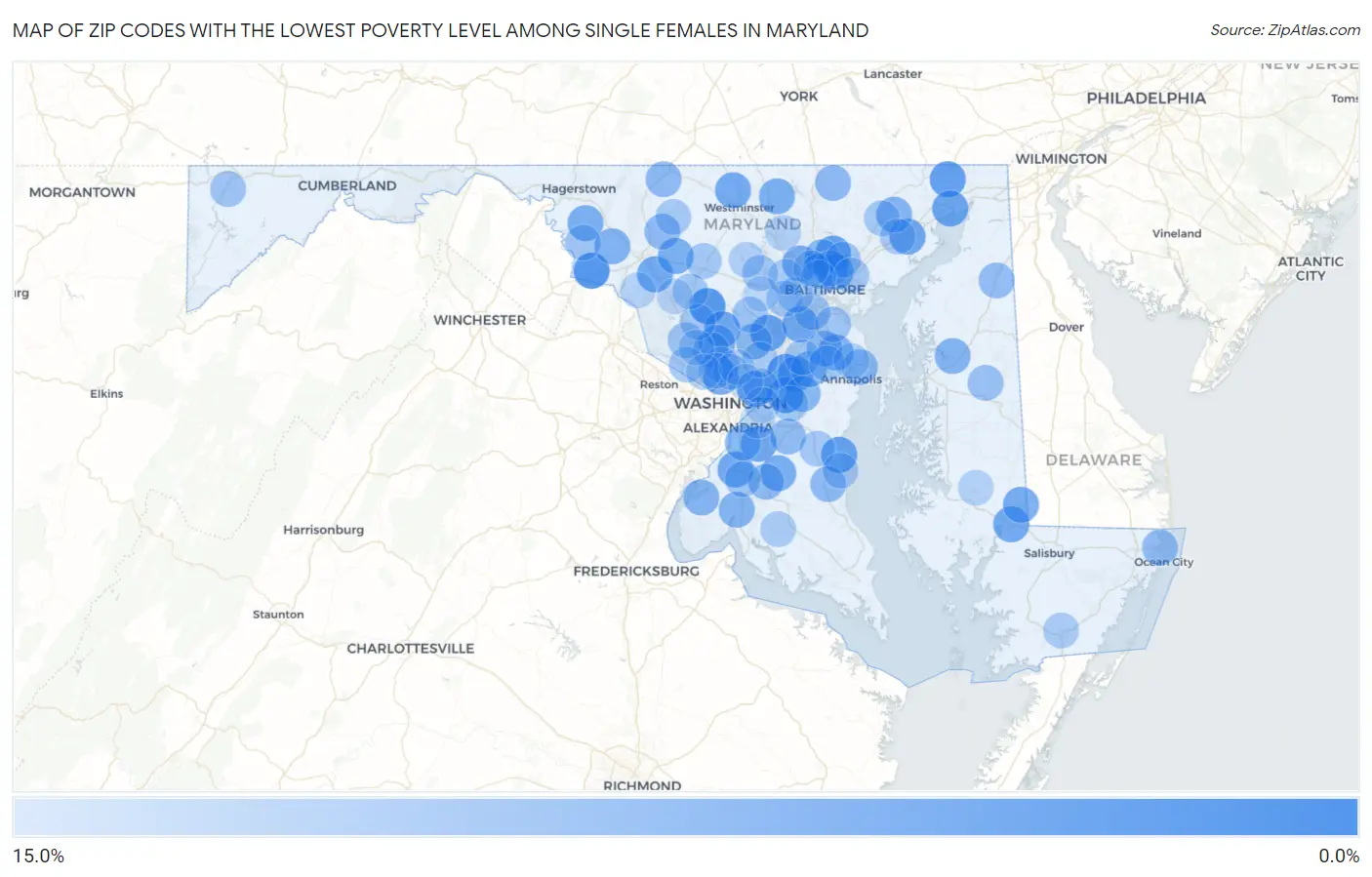 Zip Codes with the Lowest Poverty Level Among Single Females in Maryland Map