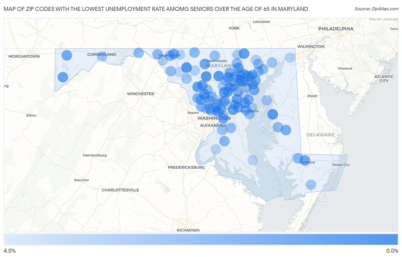 Zip Codes with the Lowest Unemployment Rate Amomg Seniors Over the Age of 65 in Maryland Map