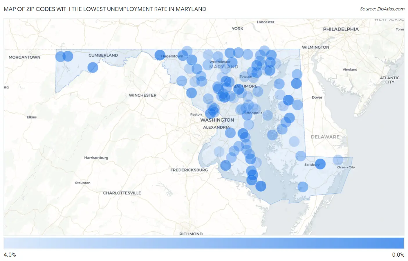 Zip Codes with the Lowest Unemployment Rate in Maryland Map