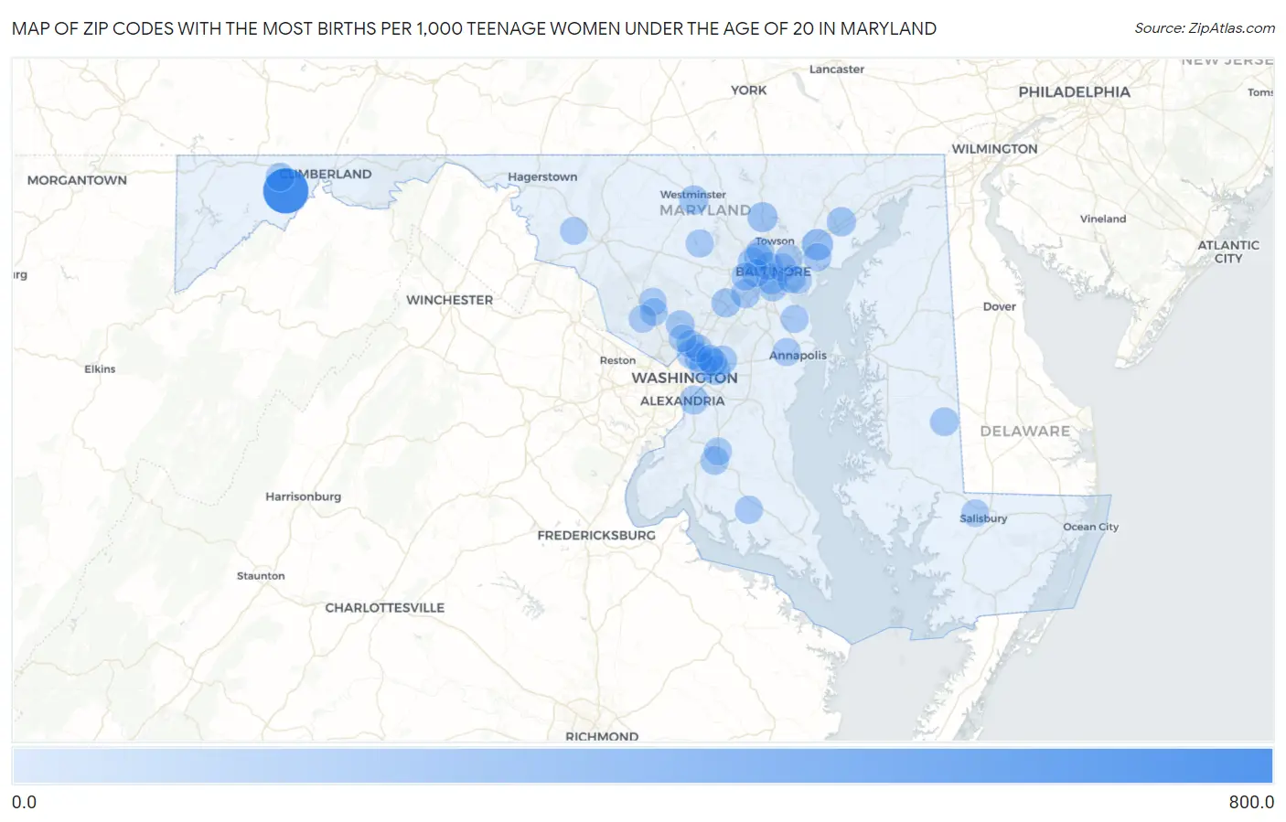 Zip Codes with the Most Births per 1,000 Teenage Women Under the Age of 20 in Maryland Map