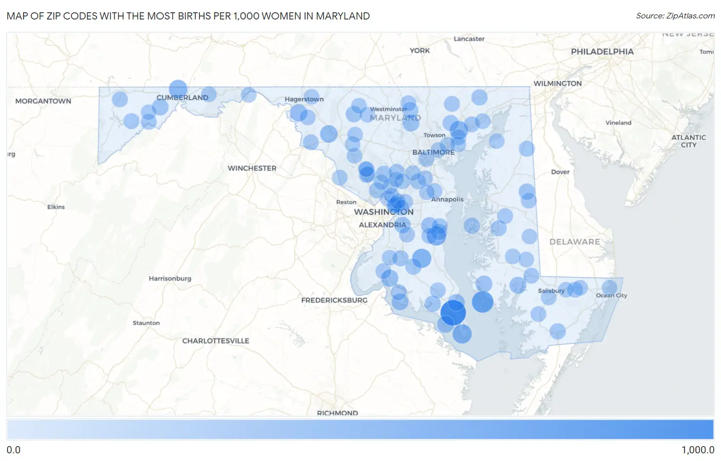 Zip Codes with the Most Births per 1,000 Women in Maryland Map