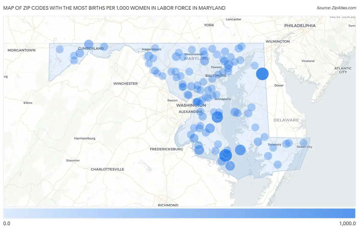 Zip Codes with the Most Births per 1,000 Women in Labor Force in Maryland Map