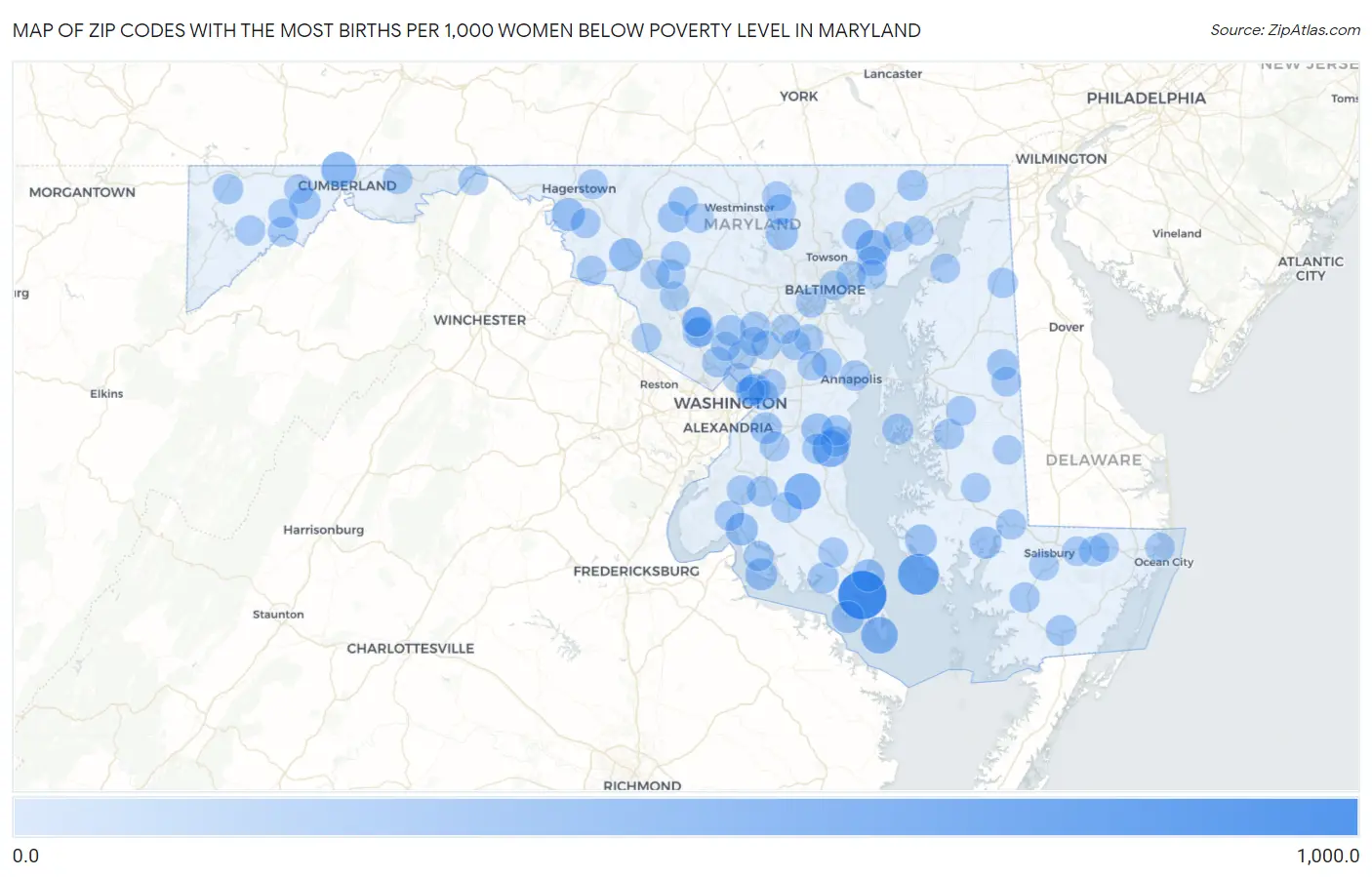 Zip Codes with the Most Births per 1,000 Women Below Poverty Level in Maryland Map
