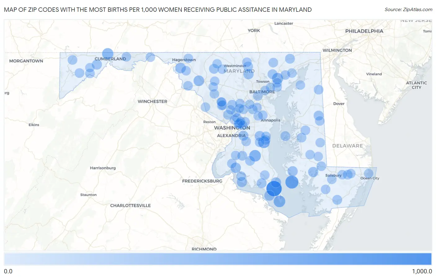 Zip Codes with the Most Births per 1,000 Women Receiving Public Assitance in Maryland Map