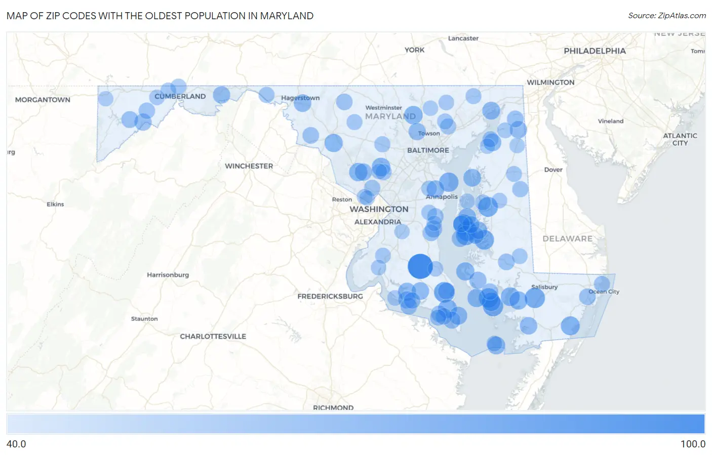 Zip Codes with the Oldest Population in Maryland Map