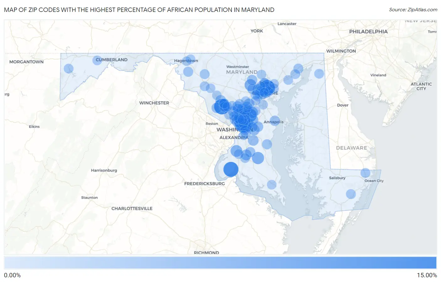 Zip Codes with the Highest Percentage of African Population in Maryland Map