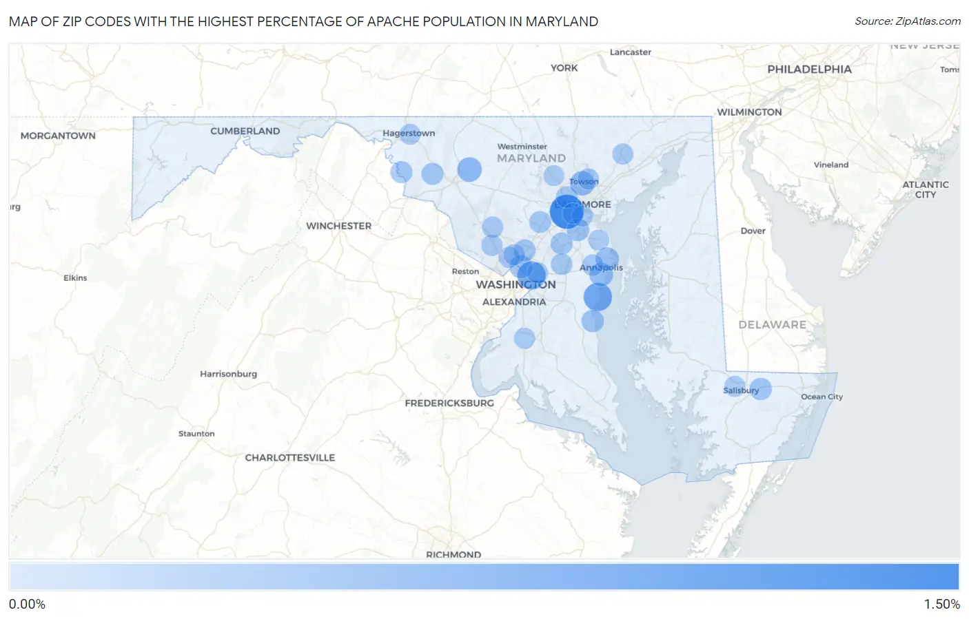 Zip Codes with the Highest Percentage of Apache Population in Maryland Map