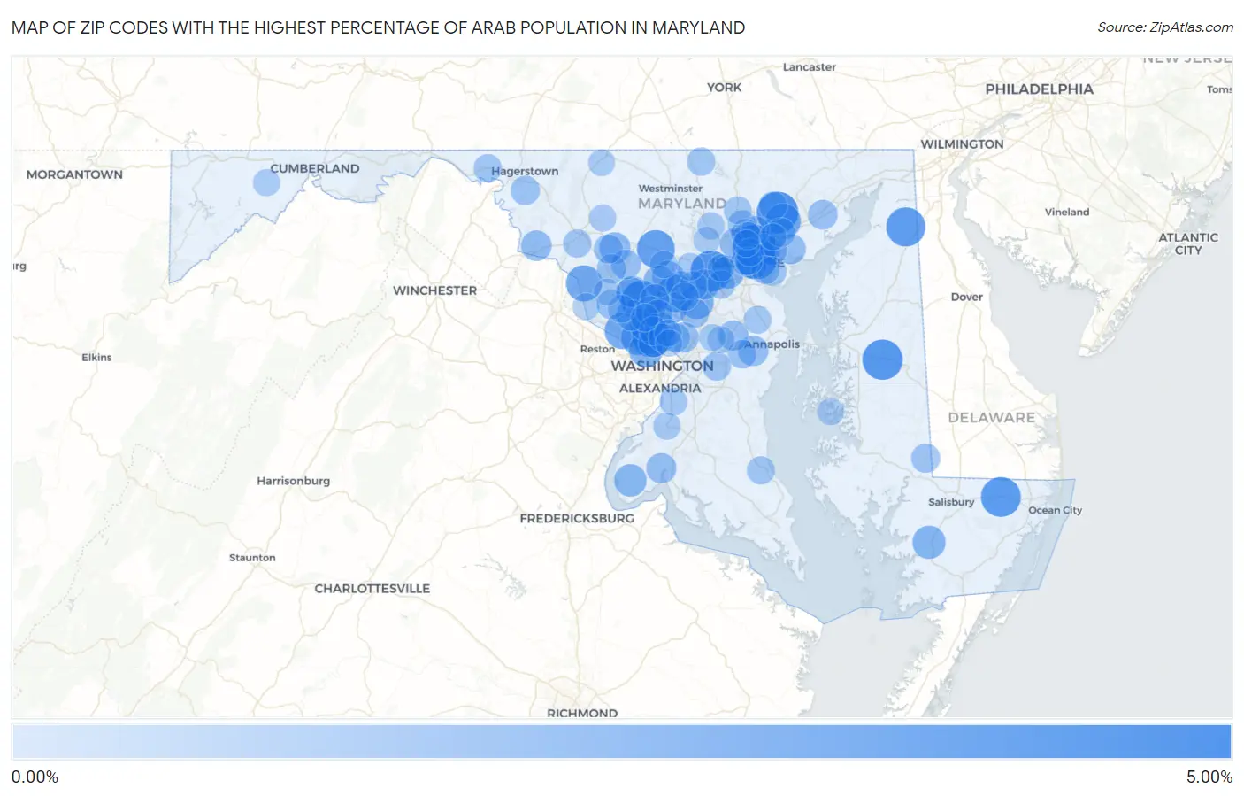 Zip Codes with the Highest Percentage of Arab Population in Maryland Map