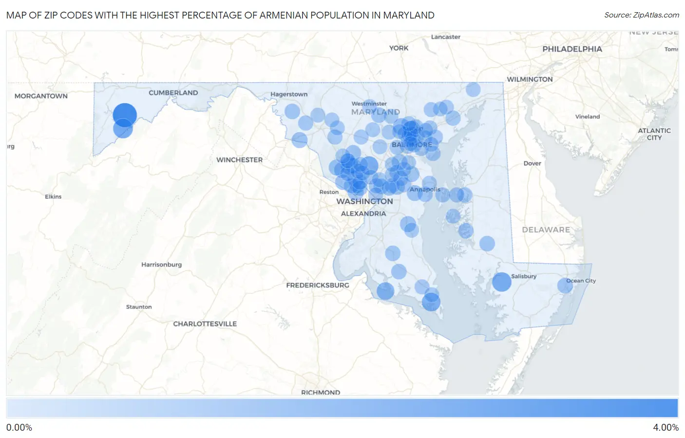 Zip Codes with the Highest Percentage of Armenian Population in Maryland Map