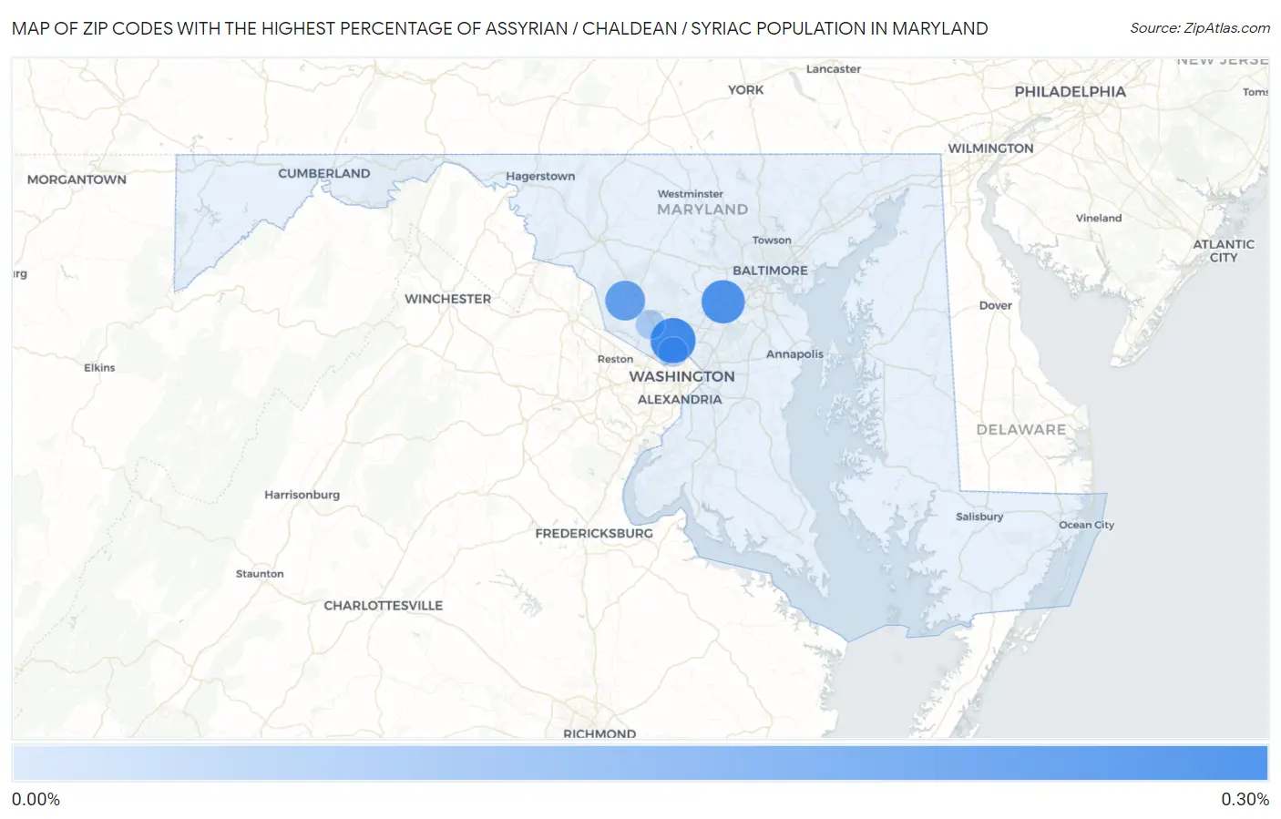 Zip Codes with the Highest Percentage of Assyrian / Chaldean / Syriac Population in Maryland Map