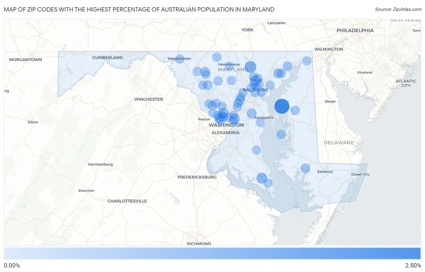 Zip Codes with the Highest Percentage of Australian Population in Maryland Map