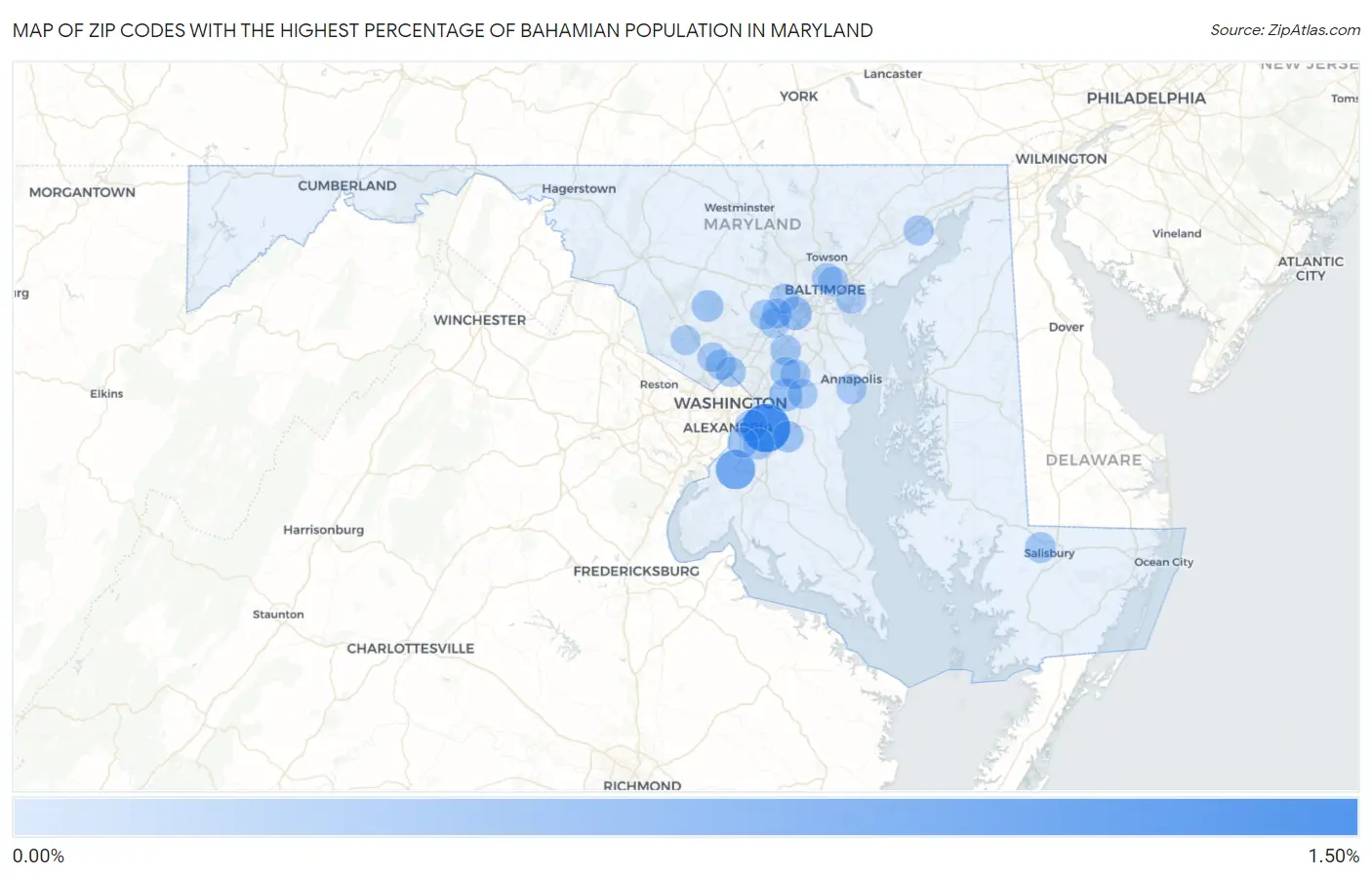 Zip Codes with the Highest Percentage of Bahamian Population in Maryland Map