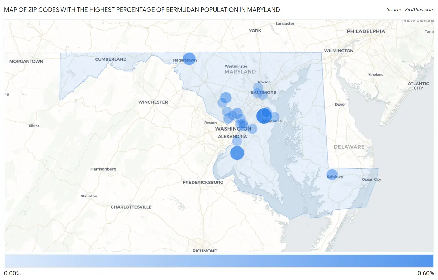 Zip Codes with the Highest Percentage of Bermudan Population in Maryland Map