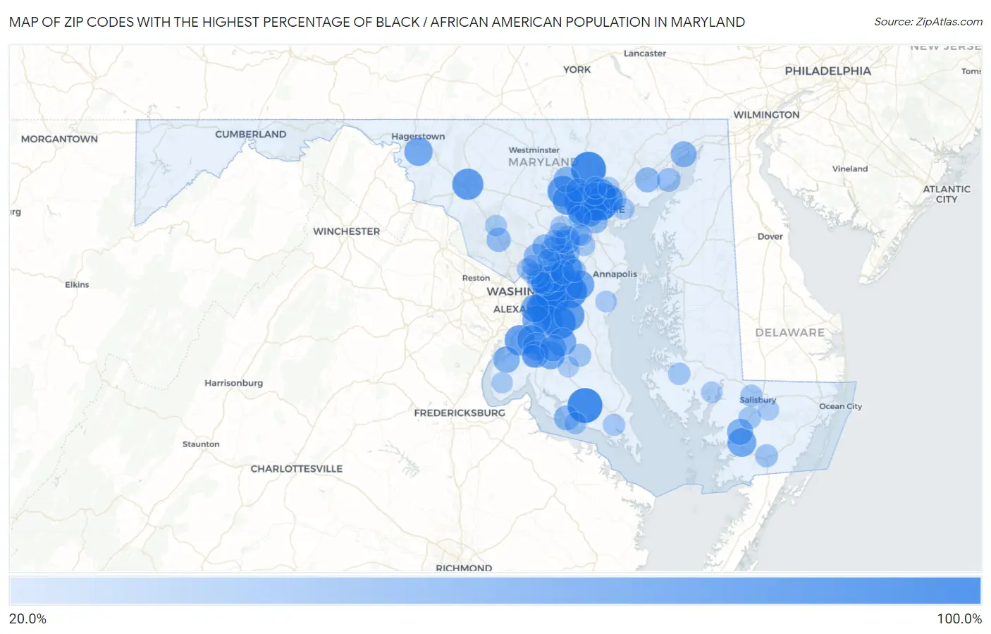 Zip Codes with the Highest Percentage of Black / African American Population in Maryland Map