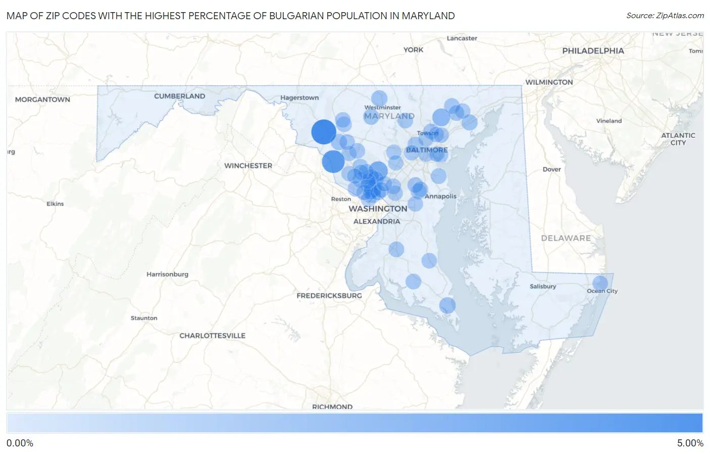 Zip Codes with the Highest Percentage of Bulgarian Population in Maryland Map