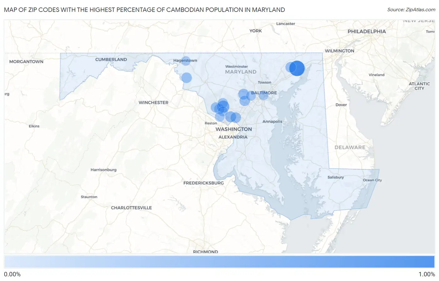 Zip Codes with the Highest Percentage of Cambodian Population in Maryland Map