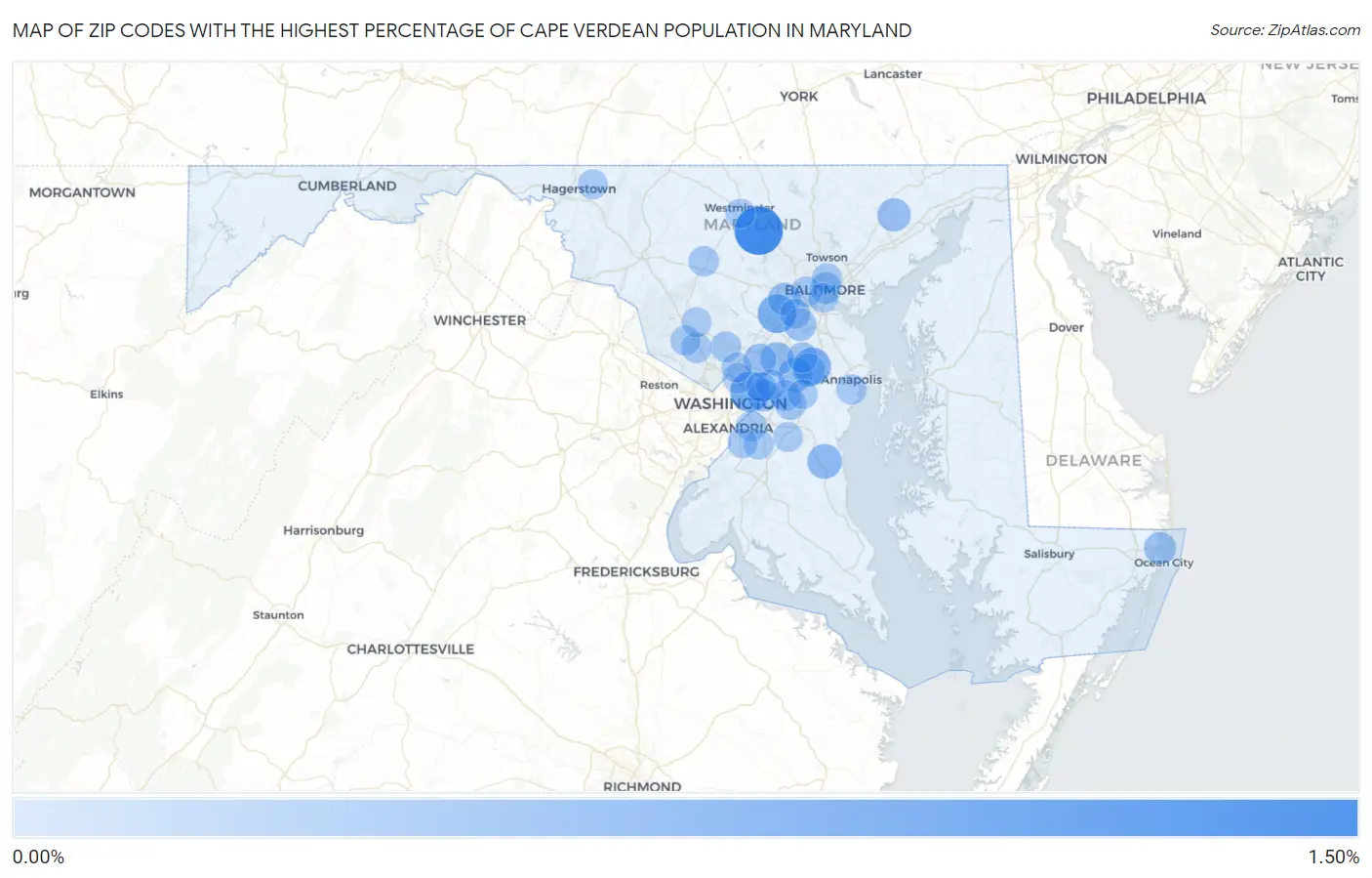 Zip Codes with the Highest Percentage of Cape Verdean Population in Maryland Map