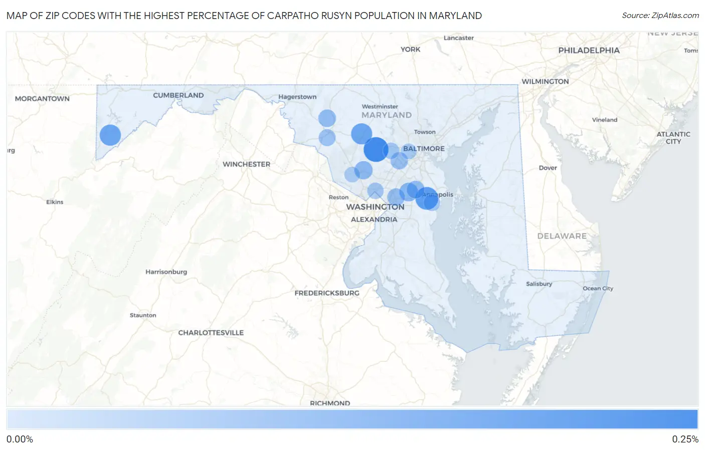 Zip Codes with the Highest Percentage of Carpatho Rusyn Population in Maryland Map
