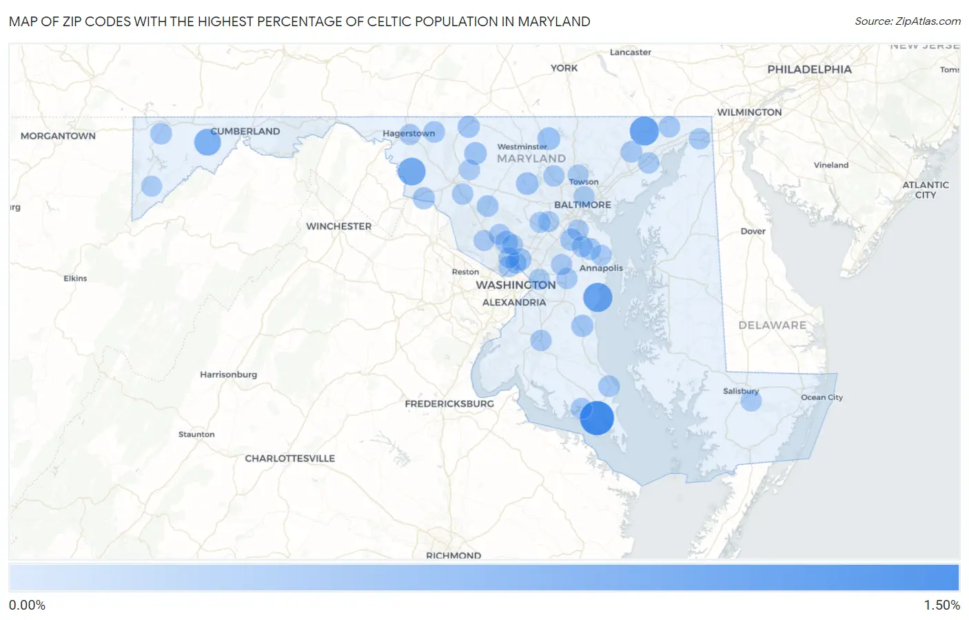 Zip Codes with the Highest Percentage of Celtic Population in Maryland Map