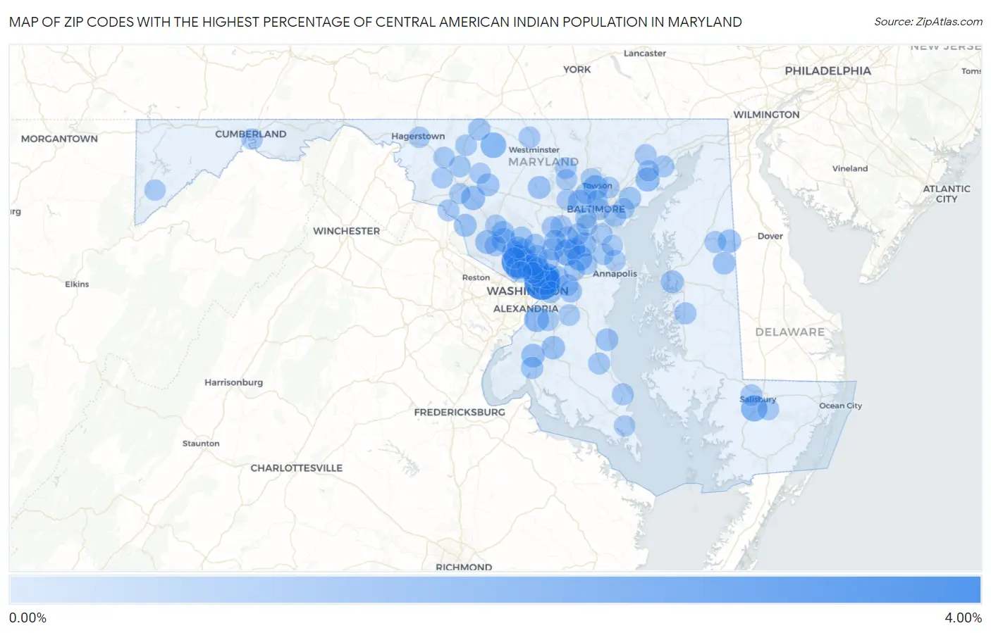 Zip Codes with the Highest Percentage of Central American Indian Population in Maryland Map