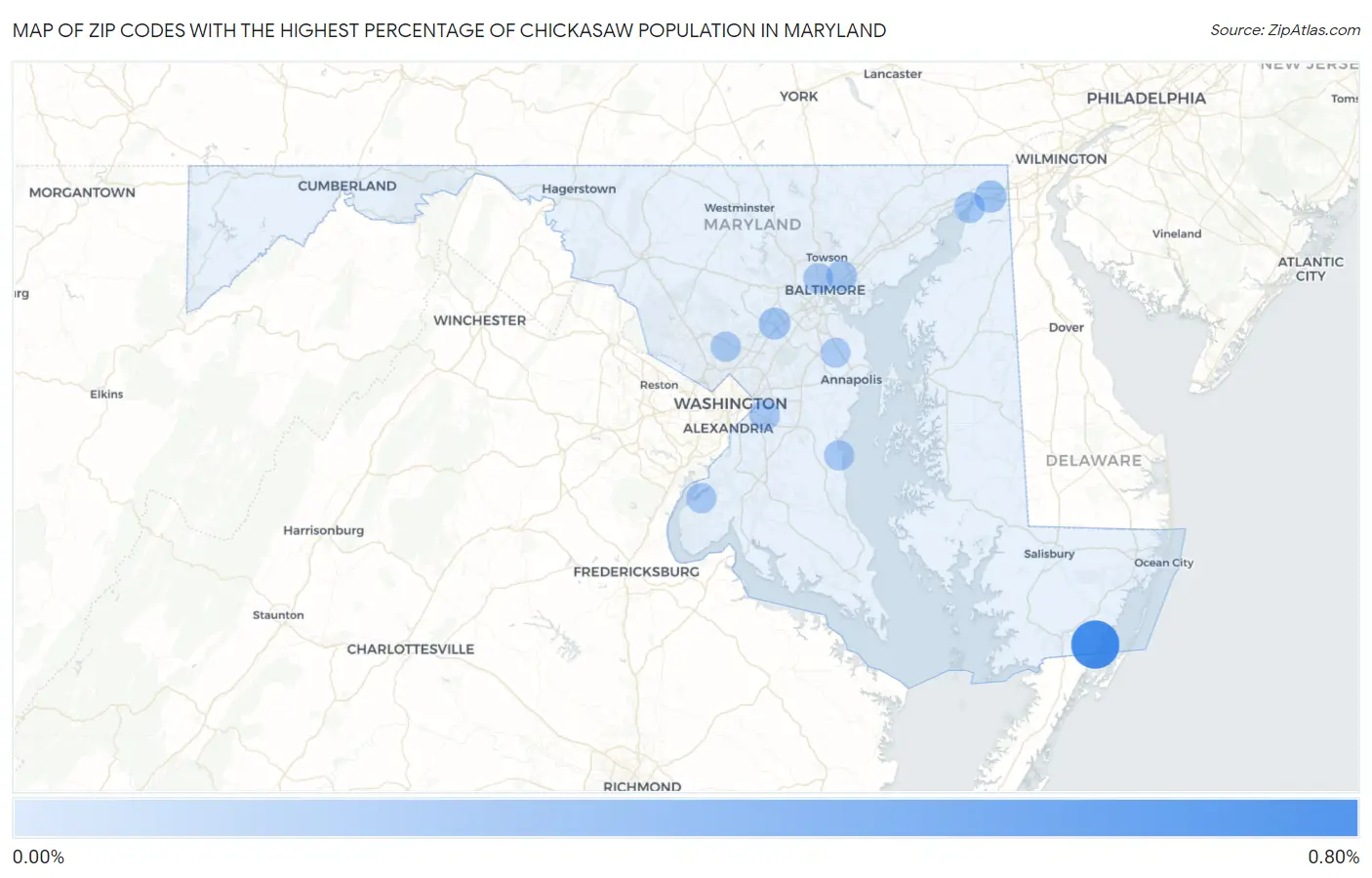 Zip Codes with the Highest Percentage of Chickasaw Population in Maryland Map