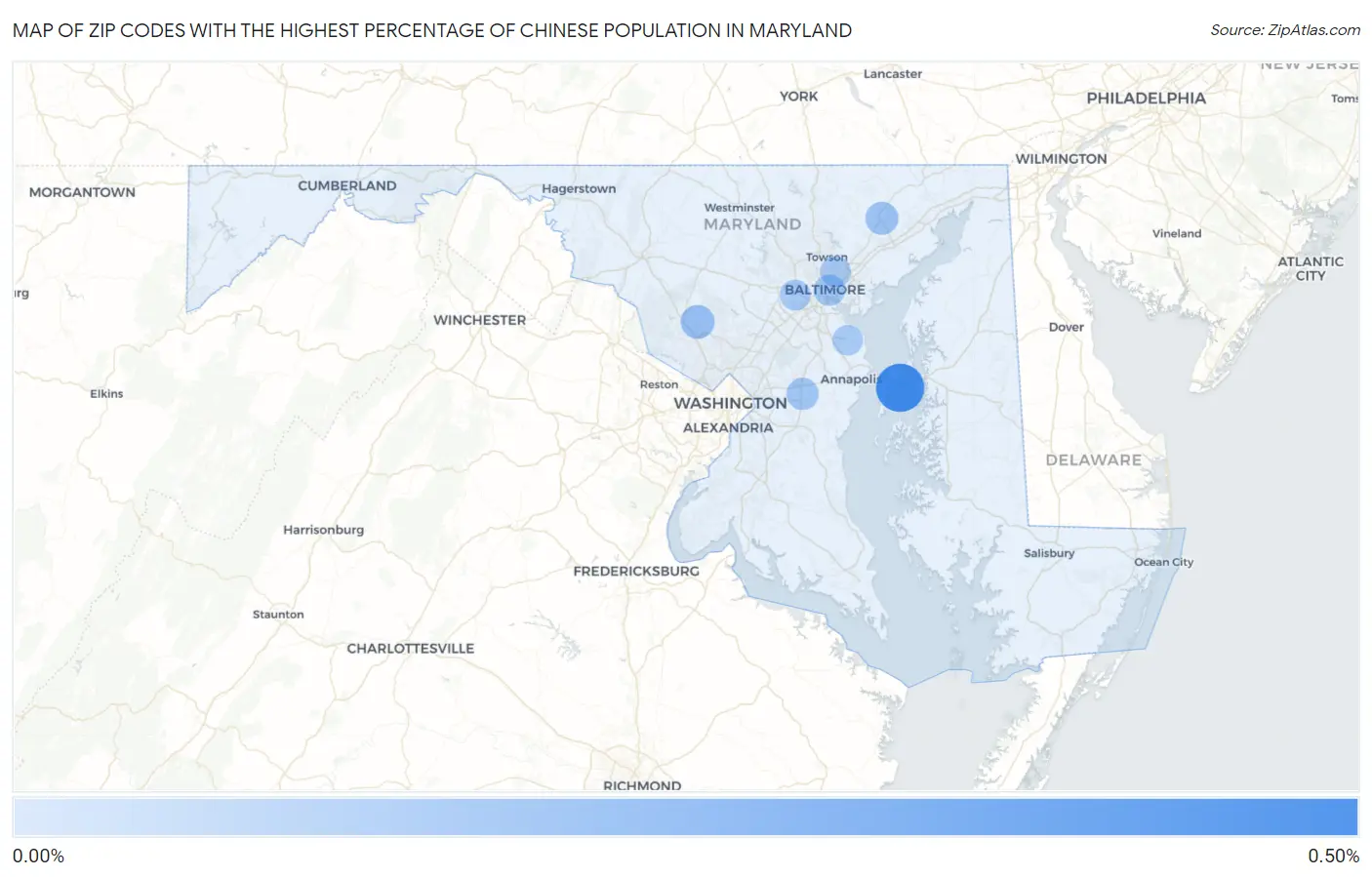 Zip Codes with the Highest Percentage of Chinese Population in Maryland Map