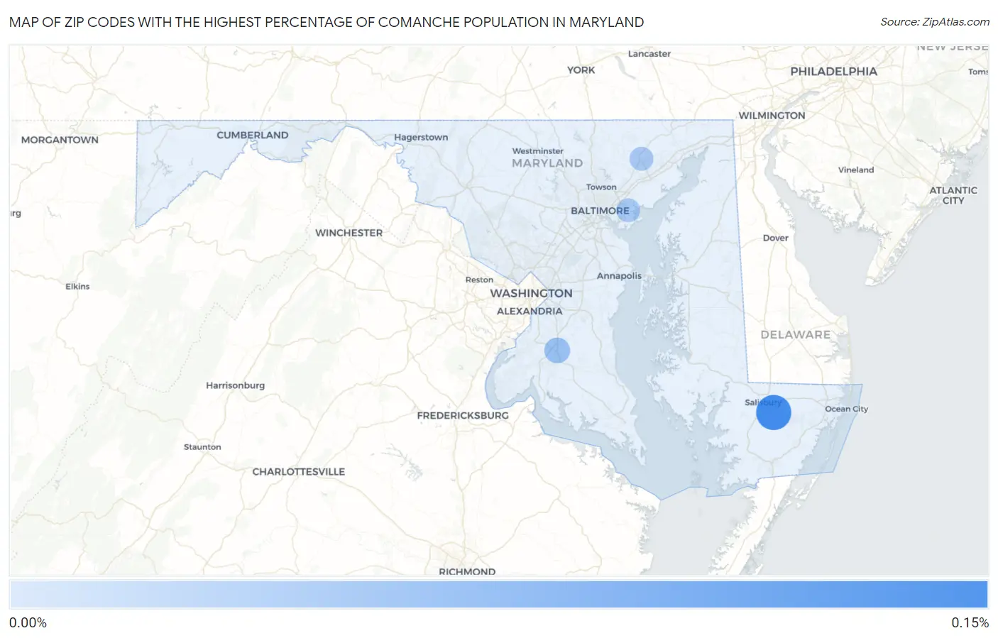 Zip Codes with the Highest Percentage of Comanche Population in Maryland Map