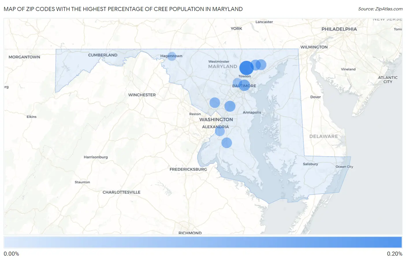 Zip Codes with the Highest Percentage of Cree Population in Maryland Map