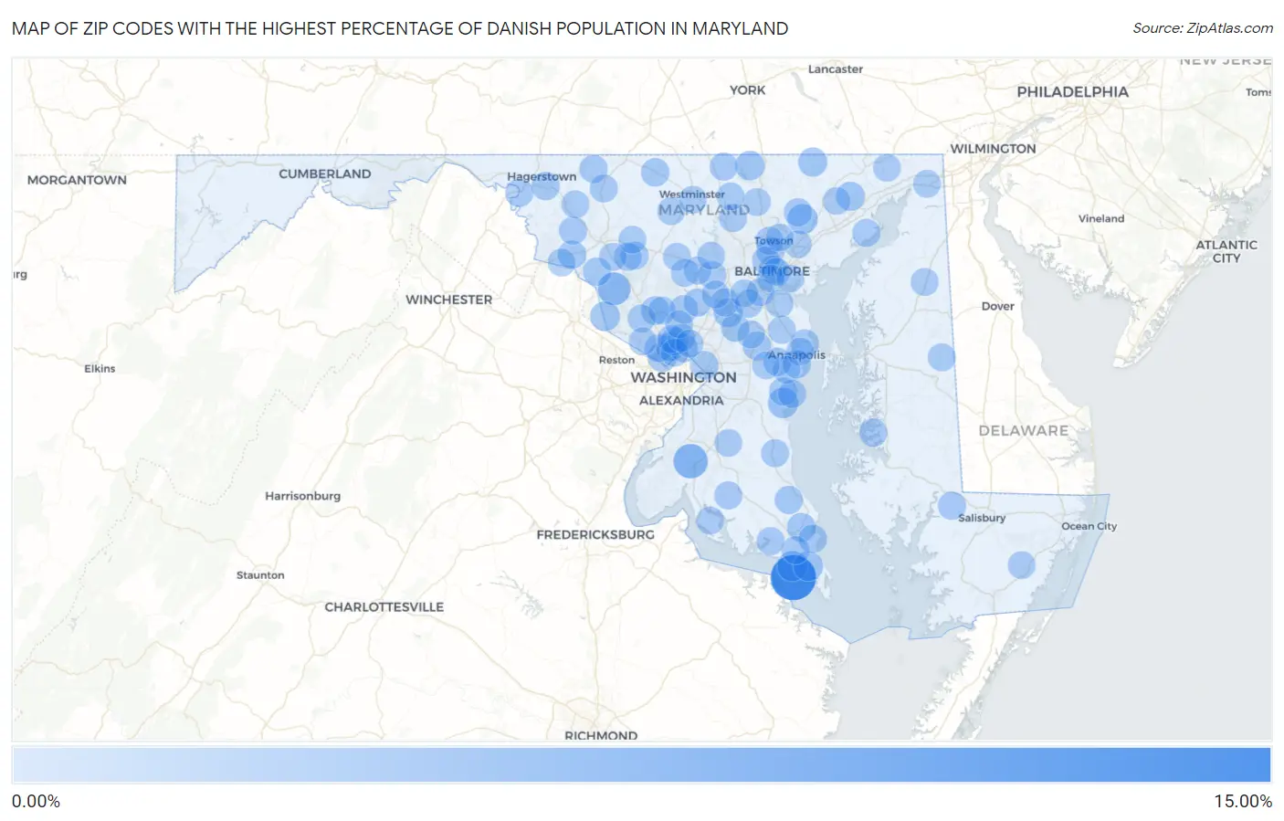 Zip Codes with the Highest Percentage of Danish Population in Maryland Map