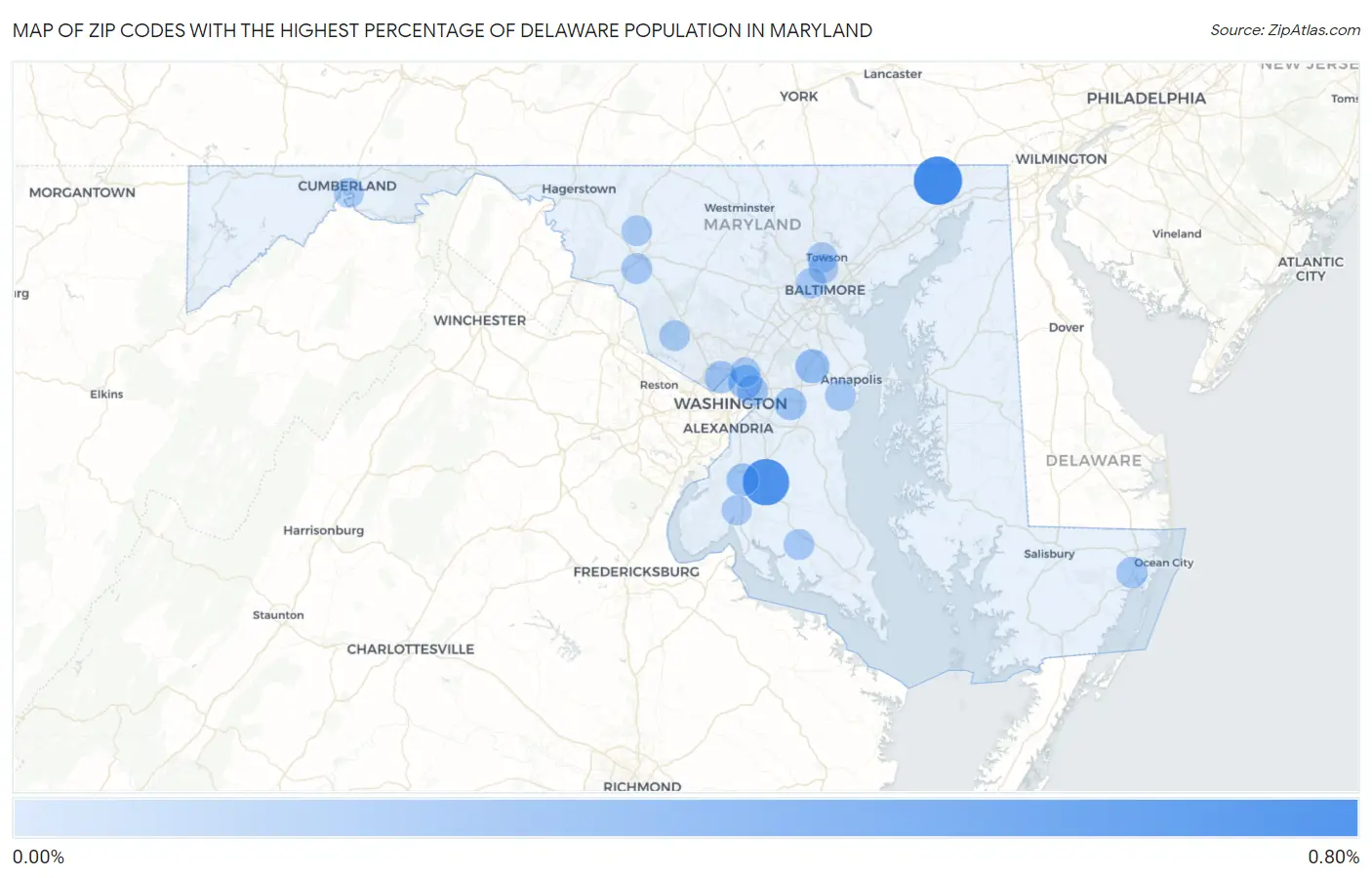 Zip Codes with the Highest Percentage of Delaware Population in Maryland Map