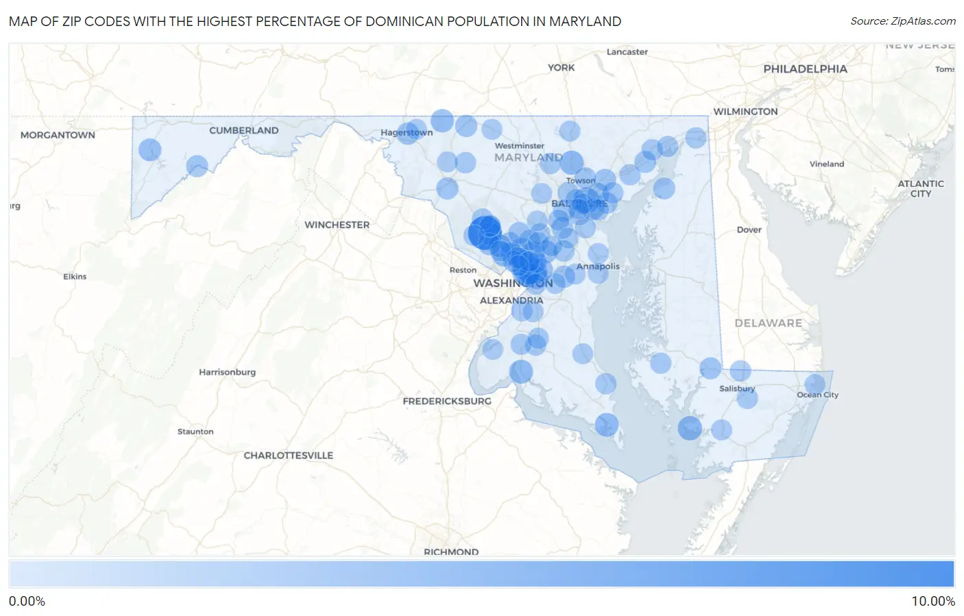 Zip Codes with the Highest Percentage of Dominican Population in Maryland Map