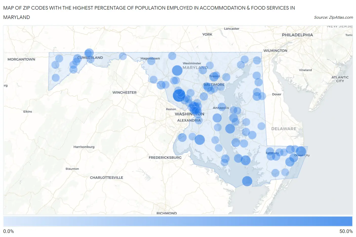 Zip Codes with the Highest Percentage of Population Employed in Accommodation & Food Services in Maryland Map