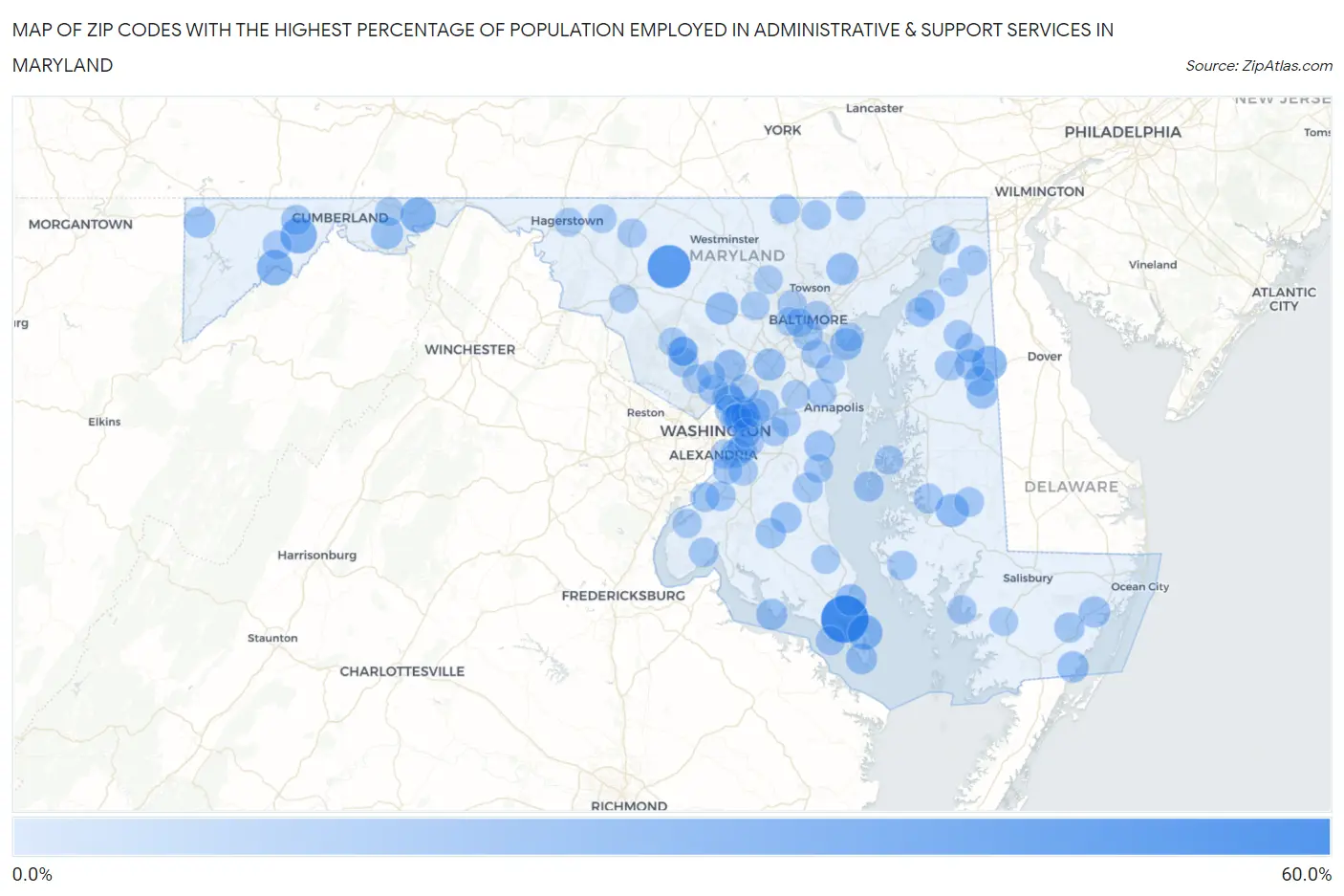 Zip Codes with the Highest Percentage of Population Employed in Administrative & Support Services in Maryland Map