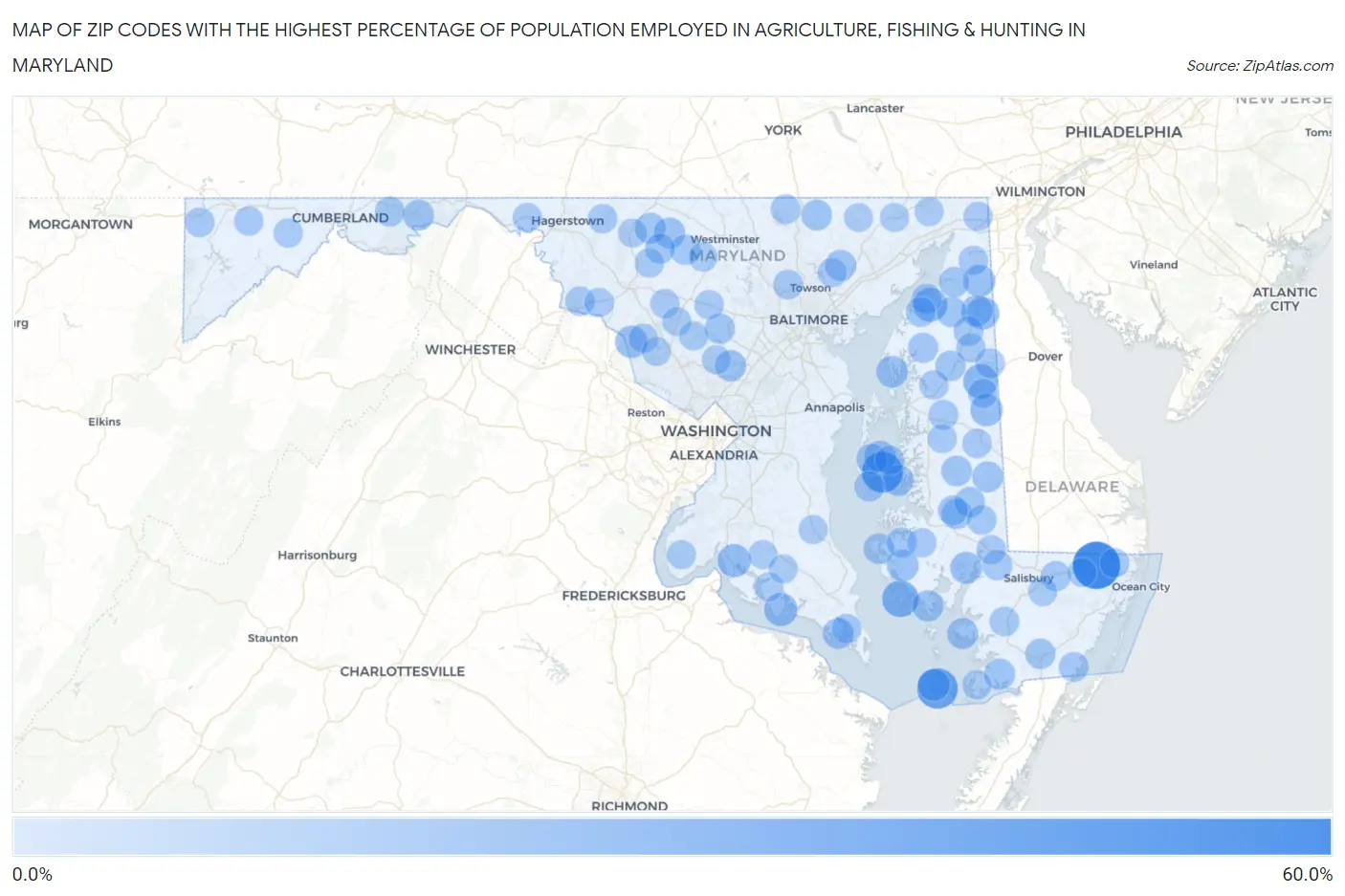 Zip Codes with the Highest Percentage of Population Employed in Agriculture, Fishing & Hunting in Maryland Map