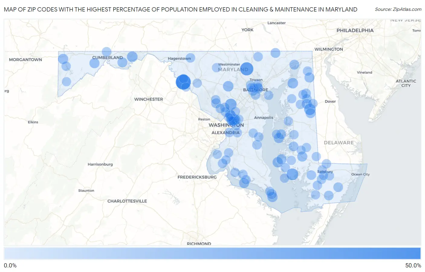 Zip Codes with the Highest Percentage of Population Employed in Cleaning & Maintenance in Maryland Map