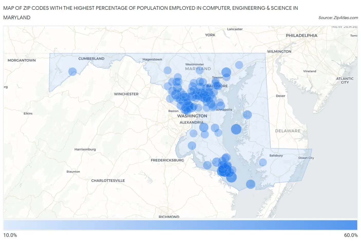 Zip Codes with the Highest Percentage of Population Employed in Computer, Engineering & Science in Maryland Map